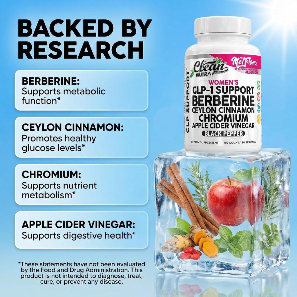 Berberine 1500Mg Supplement with Apple Cider Vinegar Capsules - Women'S GLP-1 Support with Ceylon Cinnamon, Chromium Picolinate & Black Pepper Extract - Metabolic Wellness - 90 Vegetarian Capsules