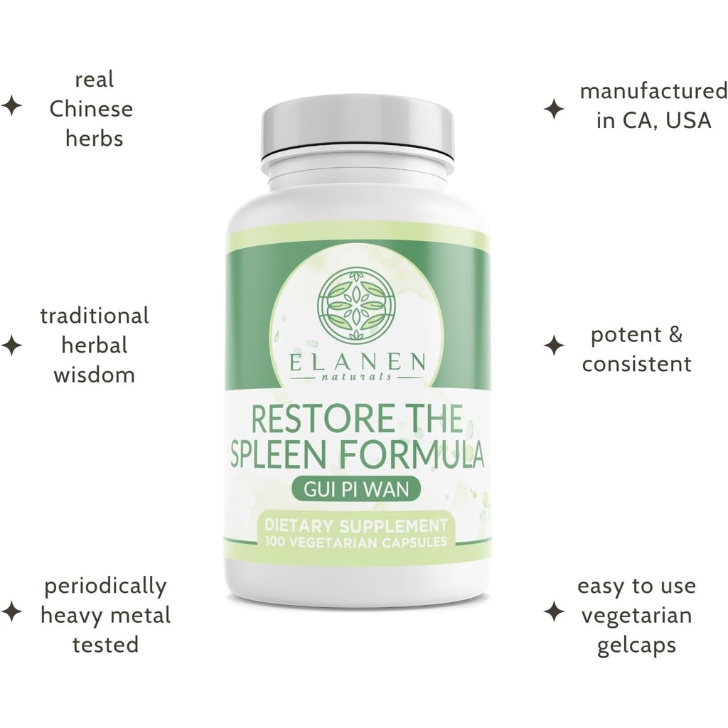 Elanen Naturals GUI Pi Wan, 3Rd Party Tested, GUI Pi Tang, Restore the Spleen Formula to Nourish the Heart, Spleen, and Mind, 100 Vegetable Capsules