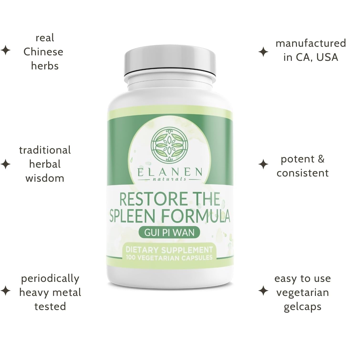 Elanen Naturals GUI Pi Wan, 3Rd Party Tested, GUI Pi Tang, Restore the Spleen Formula to Nourish the Heart, Spleen, and Mind, 100 Vegetable Capsules