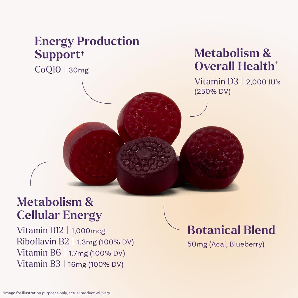 Natrol Ultra Energy 4-In-1 Blend 1000Mcg B12, Vitamin B Complex, Vitamin D, Coq10 Gummies 60 Ct, Vegetarian, Caffeine Free, Supports Cellular Energy Production