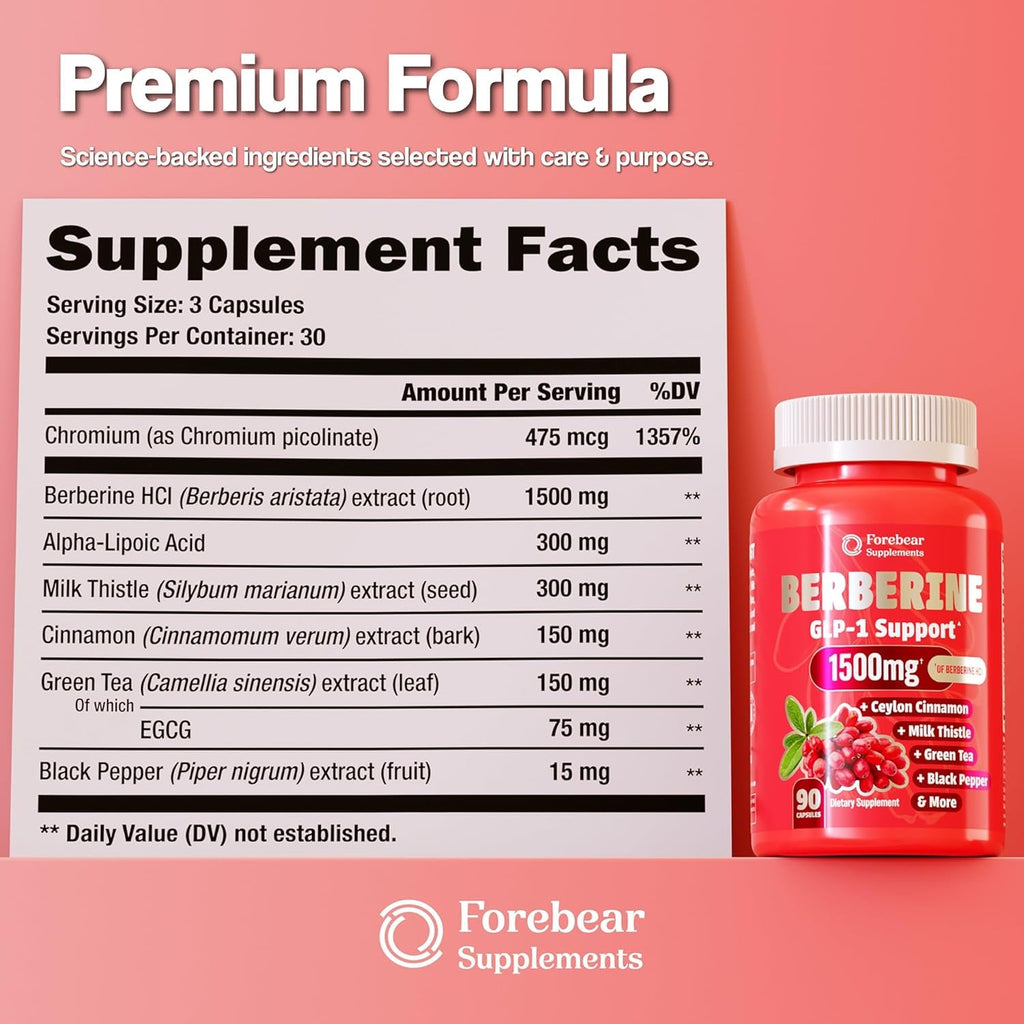 Berberine 1500Mg GLP-1 Weight Loss Supplement Pills for Women & Men - Appetite Suppressant with Ceylon Cinnamon, Milk Thistle, Chromium Picolinate, Green Tea & Alpha Lipoic Acid - 90 Veggie Capsules