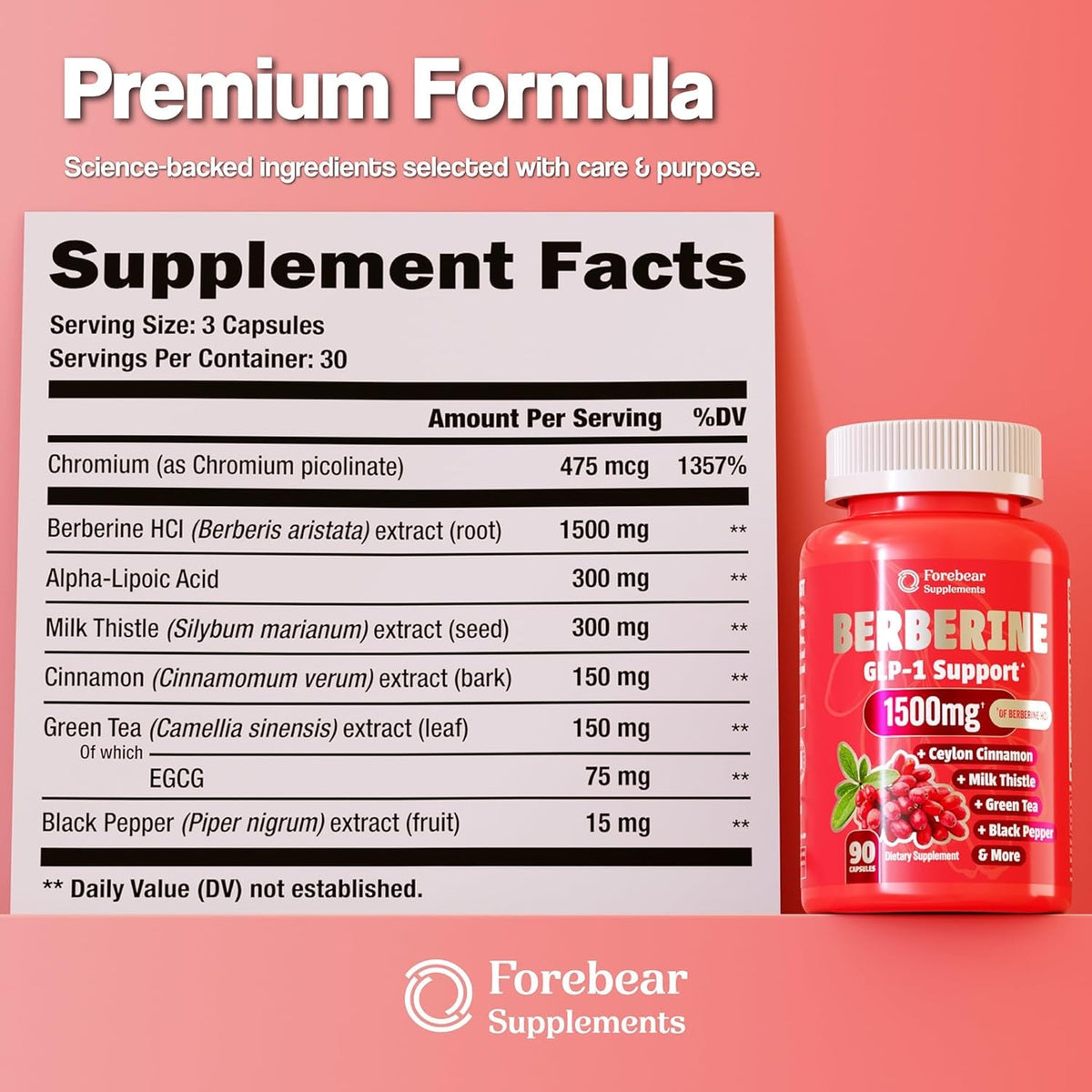 Berberine 1500Mg GLP-1 Weight Loss Supplement Pills for Women & Men - Appetite Suppressant with Ceylon Cinnamon, Milk Thistle, Chromium Picolinate, Green Tea & Alpha Lipoic Acid - 90 Veggie Capsules