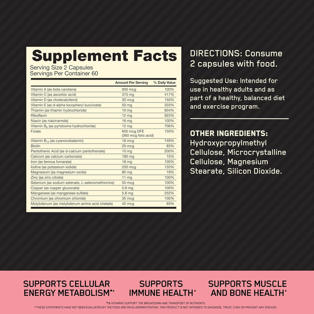 Optimum Nutrition Opti-Women, Vitamin C, Zinc and Vitamin D for Immune Support Womens Daily Multivitamin Supplement with Iron, Capsules, 120 Count