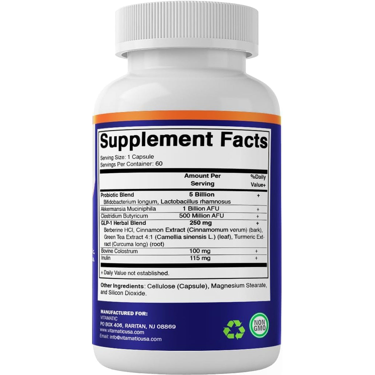 Vitamatic GLP-1 Support Supplement for Men & Women 60 Capsules - Made with Akkermansia, Probiotics, Prebiotic, Clostridium, Berberine, Cinnamon, Green Tea, Turmeric & Colostrum