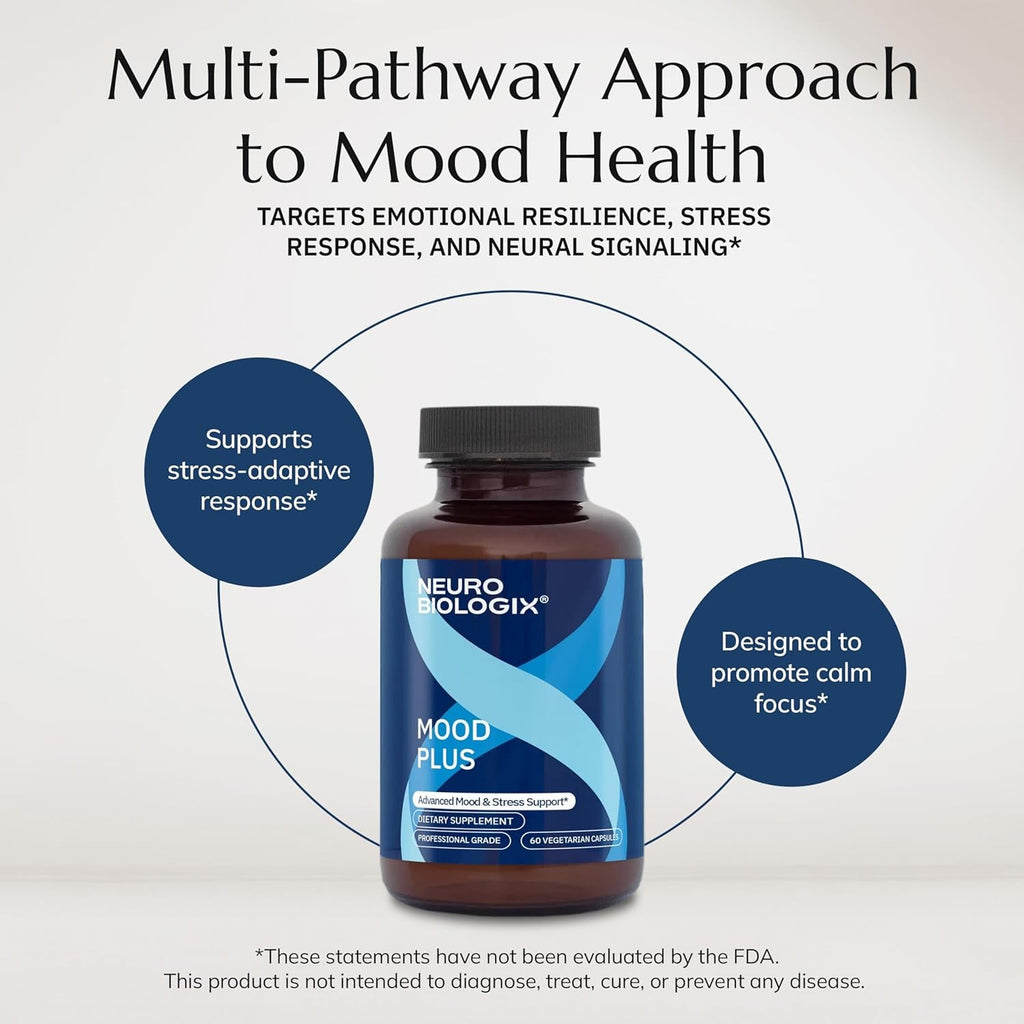 Neurobiologix Mood plus for Men and Women, Mood & Stress Support Supplement with GABA, 5-HTP, Ashwagandha, Magnesium & Chamomile for Emotional Balance, Relaxation & Serotonin Support, 60 Capsules