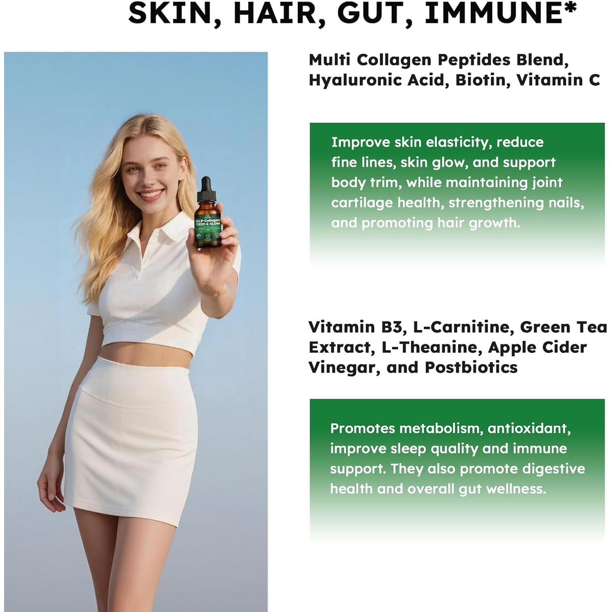 Liquid Collagen for Women GLP 10-In-1 Formula Multi Collagen Burn Drops Trim & Glow Hyaluronic Acid Biotin Green Tea L-Carnitine & ACV for Hair Growth Metabolism Skin Gut & Digestive Health