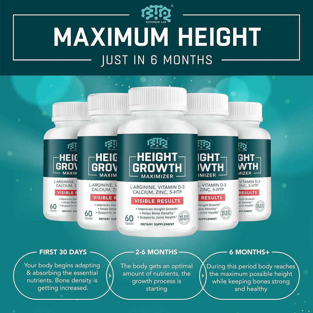BIOTEQUELAB Height Growth Maximizer, Calcium, Vitamin D3 and Zinc Blend Pills, Bone Growth Supplement for Kids and Teens, Bone Strength, Density Support, Gmo-Free, Gluten-Free, Made in USA, 60 Caps