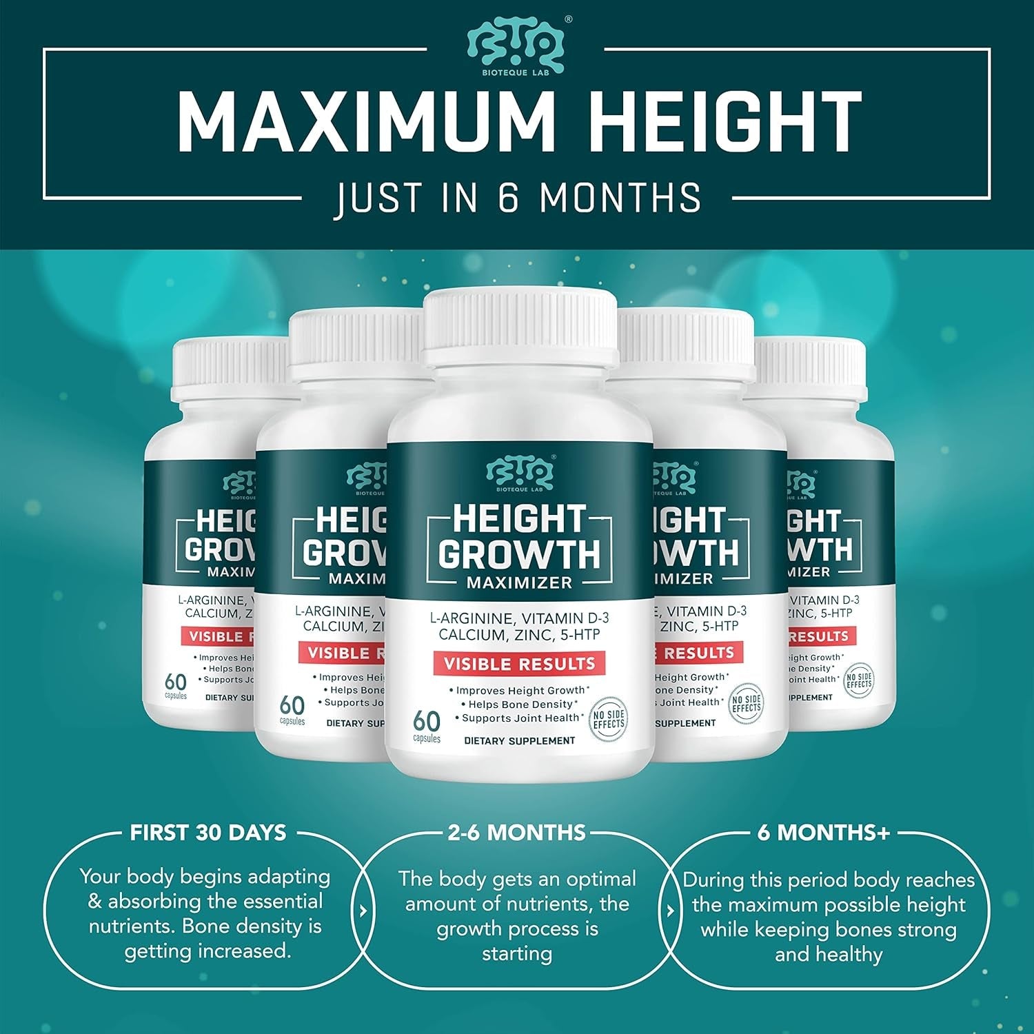 BIOTEQUELAB Height Growth Maximizer, Calcium, Vitamin D3 and Zinc Blend Pills, Bone Growth Supplement for Kids and Teens, Bone Strength, Density Support, Gmo-Free, Gluten-Free, Made in USA, 60 Caps