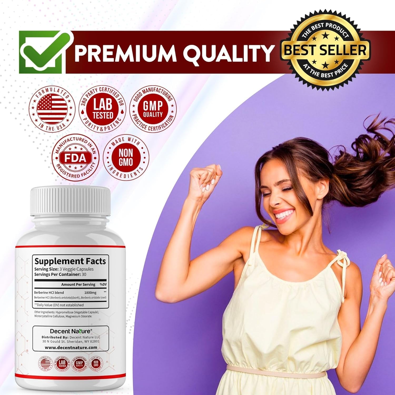 Berberine Supplement 1800Mg - Premium Berberine Hcl 97% High Purity, Supports Immune System, High Potency Hydrochloride & Extract, Activates AMPK & GLP-1, Non-Gmo Vegan, for Men Woman 90 Capsules