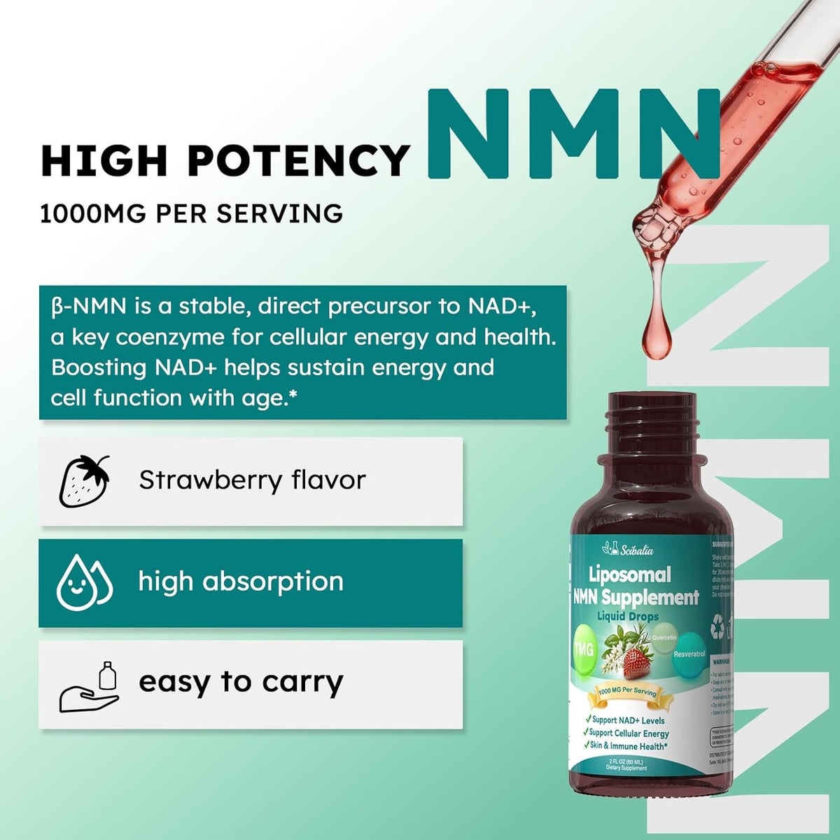 NMN Supplement Liquid Drops,4-In-1 NMN Beta 1000Mg W. Quercetin TMG Resveratrol for anti Aging Energy & Immune Support, NMNH Alternative Liposomal High Absorption for Women Men