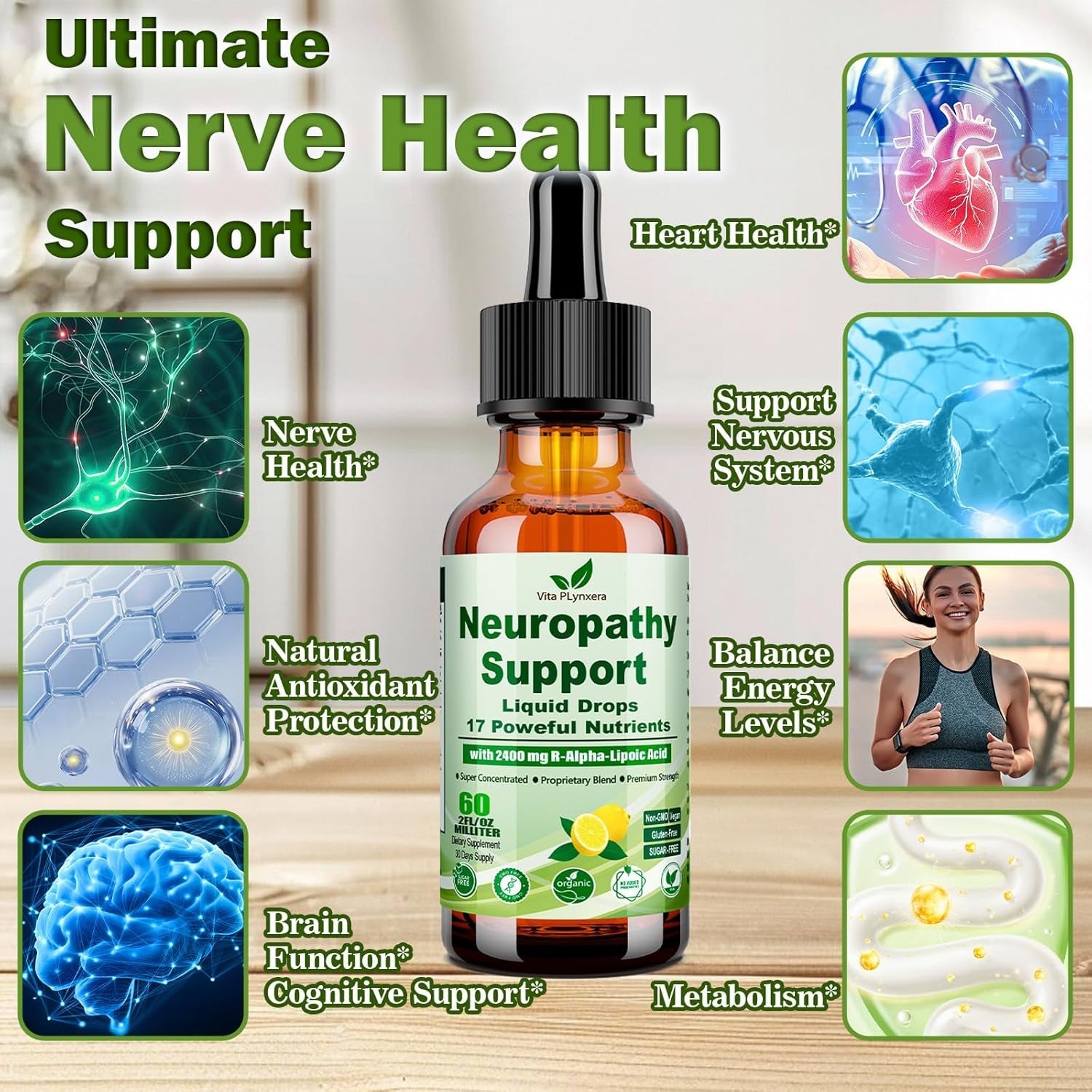 Neuropathy Supplements Liquid Drops, Advance 17-In-1 Stabilized R-Alpha Lipoic Acid (R-ALA) W. Acetyl L-Carnitine Vitamin B-Complex Magnesium, High Potency R-Lipoic Acid for Nerve Antioxidant Energy