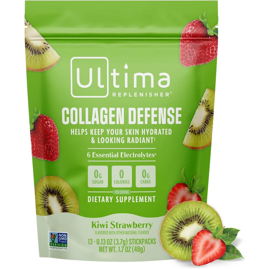 Ultima Replenisher Collagen Defense Supplement and Electrolytes Powder - Kiwi Strawberry, 13 Stickpacks - Hydration Packets with Dermaval and Biotin That Keep Your Skin Hydrated and Looking Radiant