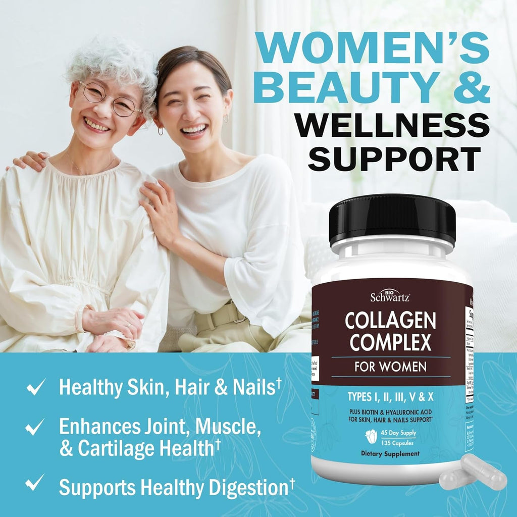 Bioschwartz Hydrolyzed Collagen Peptide Capsules - Multi Collagen Supplements for Women Types I, II, III, V, X with Vitamin C, Biotin, Keratin and Hyaluronic Acid for Skin, Hair & Nails - 135Ct