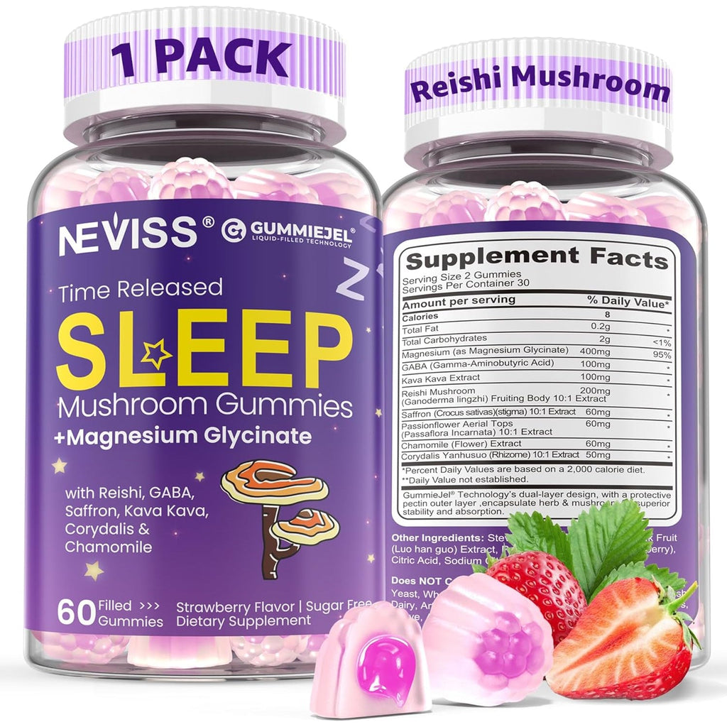 NEVISS Reishi Mushroom Sleep Gummies - Melatonin Free Sleep Gummies for Adult | Reishi, Saffron, Magnesium, GABA & Chamomile - Non-Habit Forming, Help for Deep Relaxation - Vegan, Berry Flavor, 1Pack