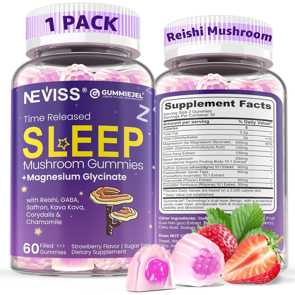NEVISS Reishi Mushroom Sleep Gummies - Melatonin Free Sleep Gummies for Adult | Reishi, Saffron, Magnesium, GABA & Chamomile - Non-Habit Forming, Help for Deep Relaxation - Vegan, Berry Flavor, 1Pack