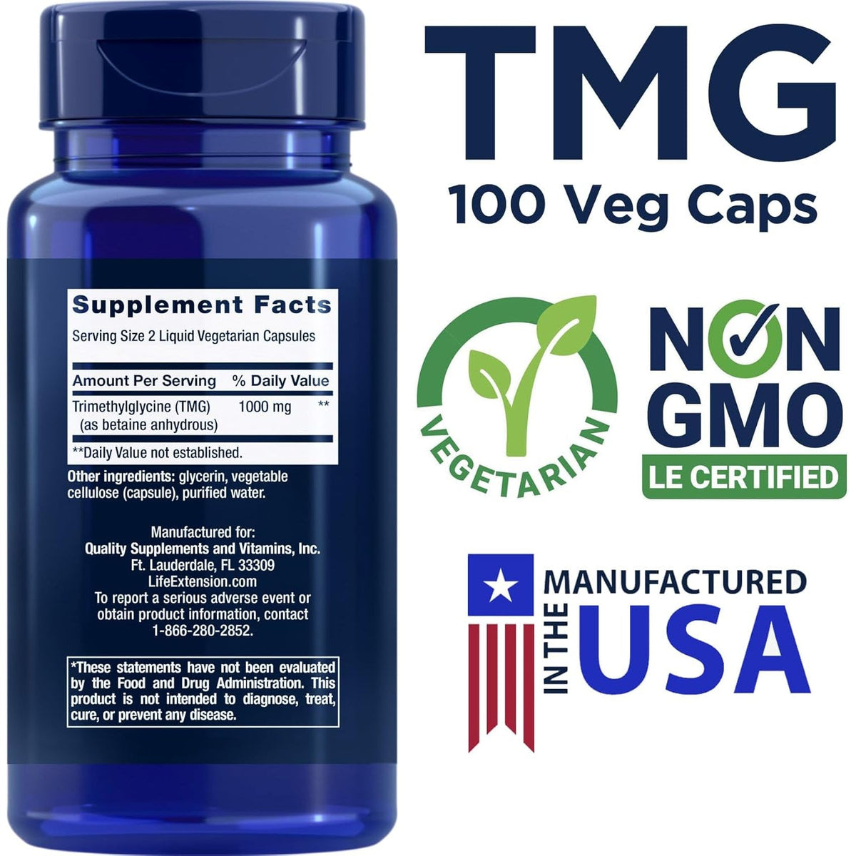 Life Extension TMG 500Mg, 100 Liquid Veg Caps - Trimethylglycine (Glycine Betaine) Supplement - Gluten Free, Non-Gmo, Vegetarian