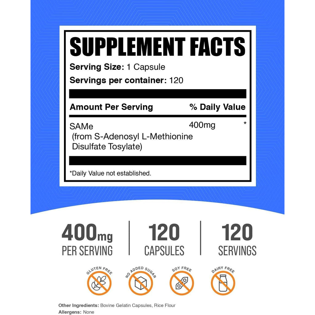 Bulksupplements.Com Same Capsules - S-Adenosyl-L-Methionine, Same Supplement - Gluten Free, 1 Capsule per Serving (400Mg), 120 Capsules (Pack of 1)