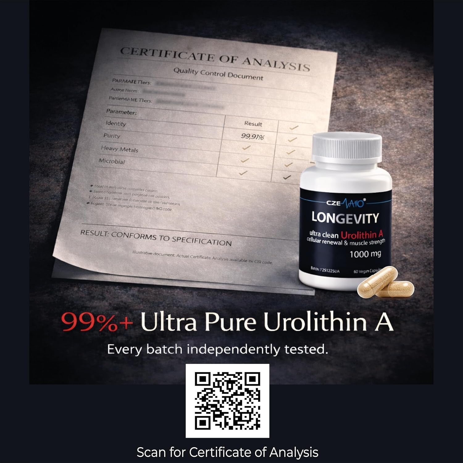 Urolithin a 1000 Mg – 60 Vegan Capsules | 99%+ Pure Urolithin a Supplement | Third‑Party Tested | COA Available | Cellular Energy & Mitochondrial Support.