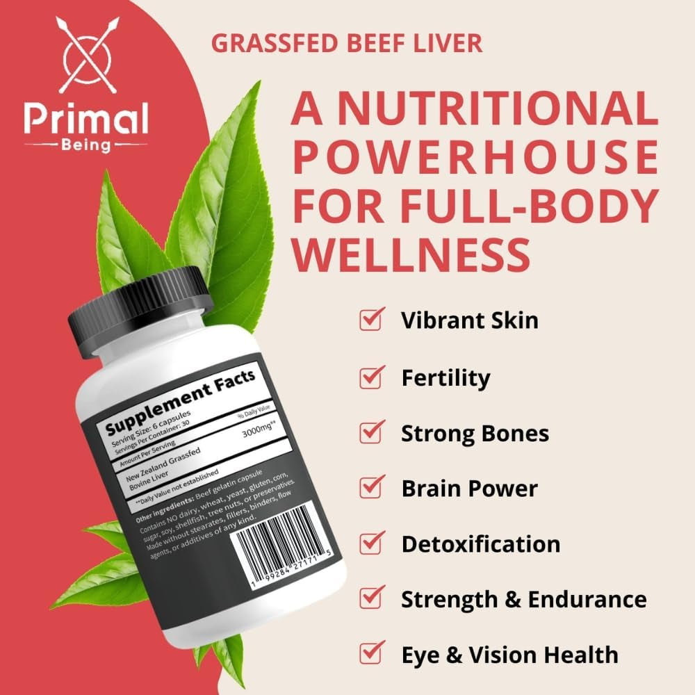 Primal Being Grassfed Beef Liver - 3000Mg Freeze Dried Capsules - Pasture Raised in New Zealand - Natural Beef Organ Supplement - Liver Supplement for Energy and Wellness - 180 Count