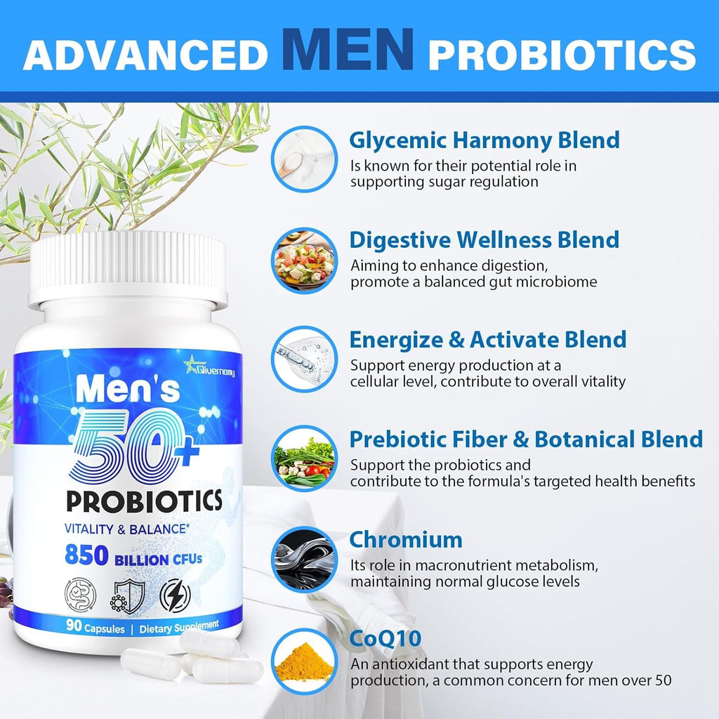 Probiotics for Men, Advanced 50+ Mens Probiotic, Comprehensive Gut & Energy Support with 850 Billion CFU, 1800Mg Prebiotics Fiber – Tailored Wellness Mens Probiotics for Gut Health over 50, 90 Capsule