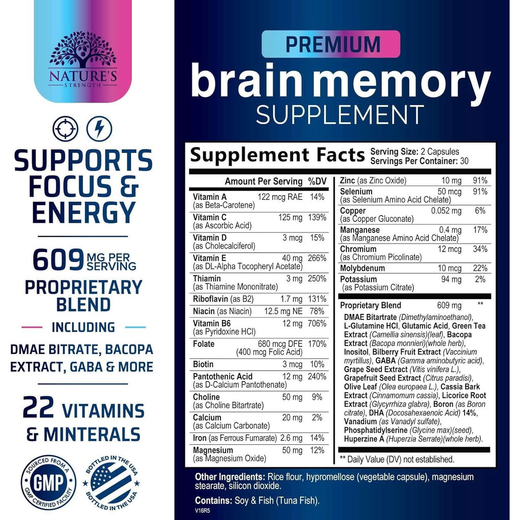 Brain Memory Supplement Pills - 3X Strength Nootropics for Concentration, Clarity & Focus Support - Brain Health Cognitive Vitamins with Bacopa, Phosphatidylserine & DMAE, Brain Booster - 60 Capsules
