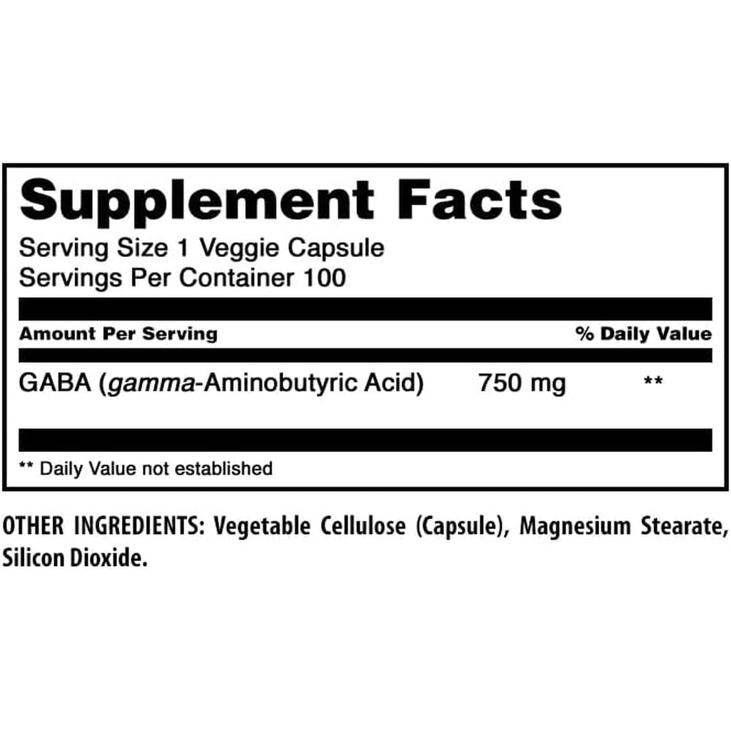 Amazing Formulas GABA Supplement | 750 Mg per Serving | 100 Veggie Capsules | Non-Gmo | Gluten-Free | Made in USA | Ideal for Vegetarians