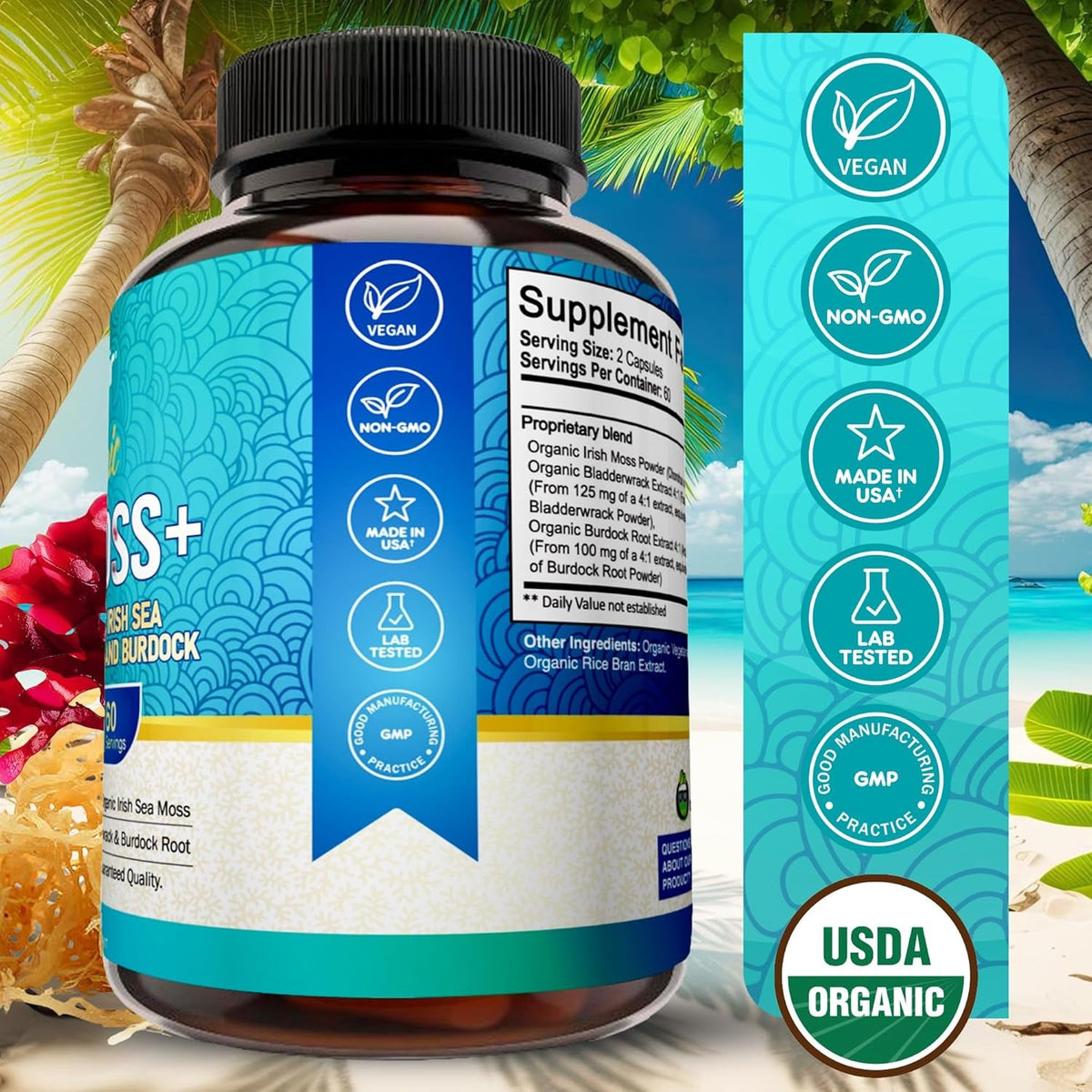 Nutriflair Organic Sea Moss 1600Mg, 120 Capsules plus Bladderwrack & Burdock - Prebiotic Super Food - Immune System & Digestive Health - Thyroid, Healthy Skin, Keto Detox, Gut