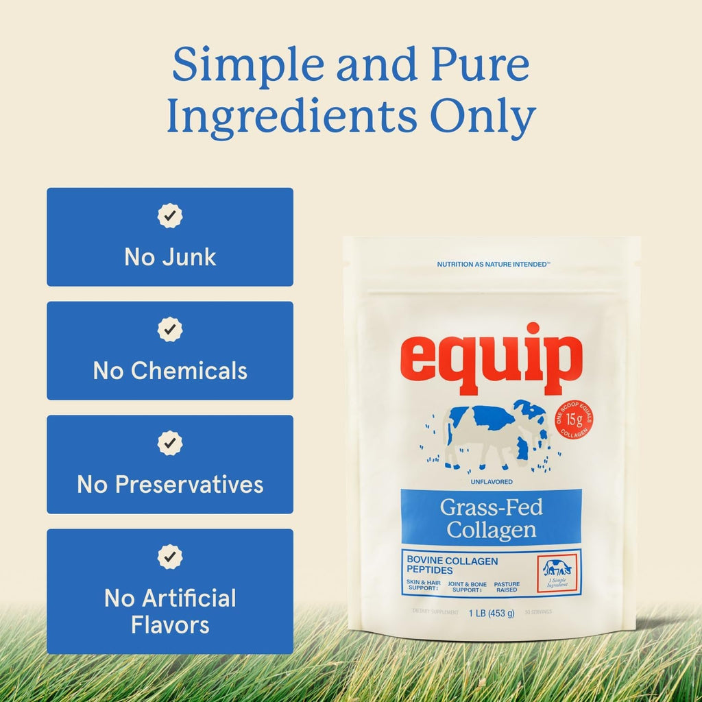 Equip Foods Grass Fed Collagen Powder | Hydrolyzed Bovine Collagen Peptides with Amino Acids | Prime Beef Collagen for Healthy Joints, Skin & Nails | Non-Gmo, Paleo Friendly | 30 Servings, Unflavored