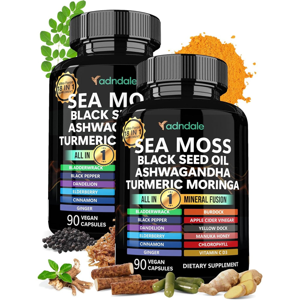 Adndale Sea Moss Capsules - Sea Moss Blend with Ashwagandha, Turmeric & Black Seed Oil - 180 Count