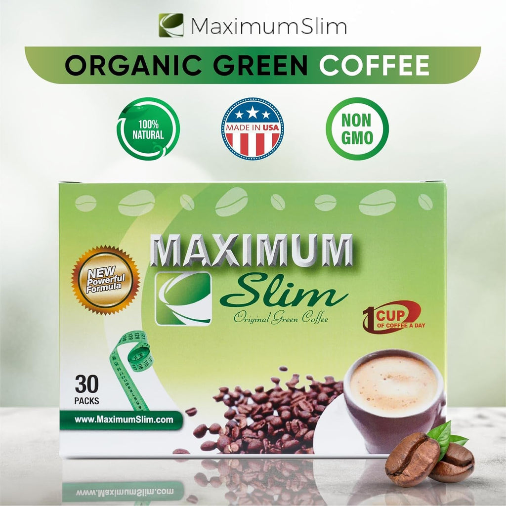 Maximum Slim Original Green Coffee –Premium 4-In-1 Formula with Natural Herbal Extracts for Energy & Vitality. Creamy & Delicious for Maximum Satisfaction. No Messy Side Effects-Made in the USA-30 Ct