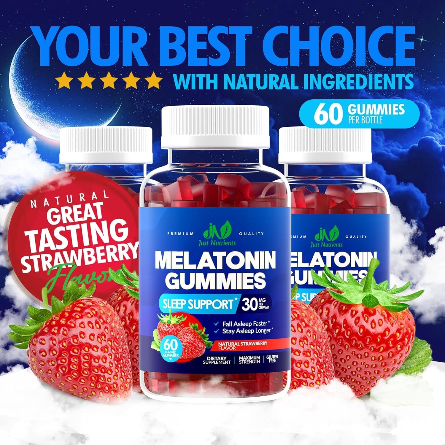 Melatonin 30Mg Gummies for Adults (60 Servings) - Maximum Strength Sleep Support with 30Mg of Melatonin per Gummy - Gluten-Free, Sugar-Free, 100% Vegetarian, Strawberry Flavor - 60 Gummies
