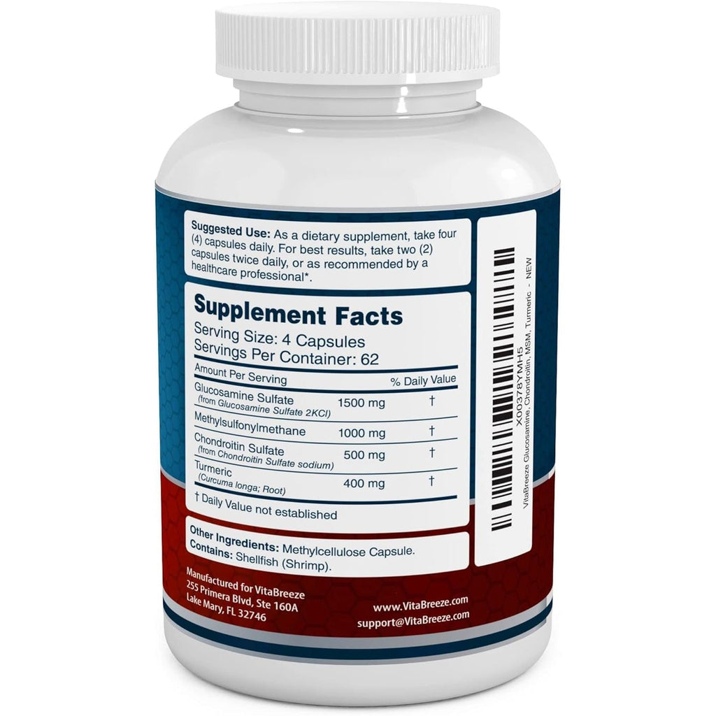 Vitabreeze Glucosamine Chondroitin, MSM & Turmeric Dietary Supplement - 248 Capsules