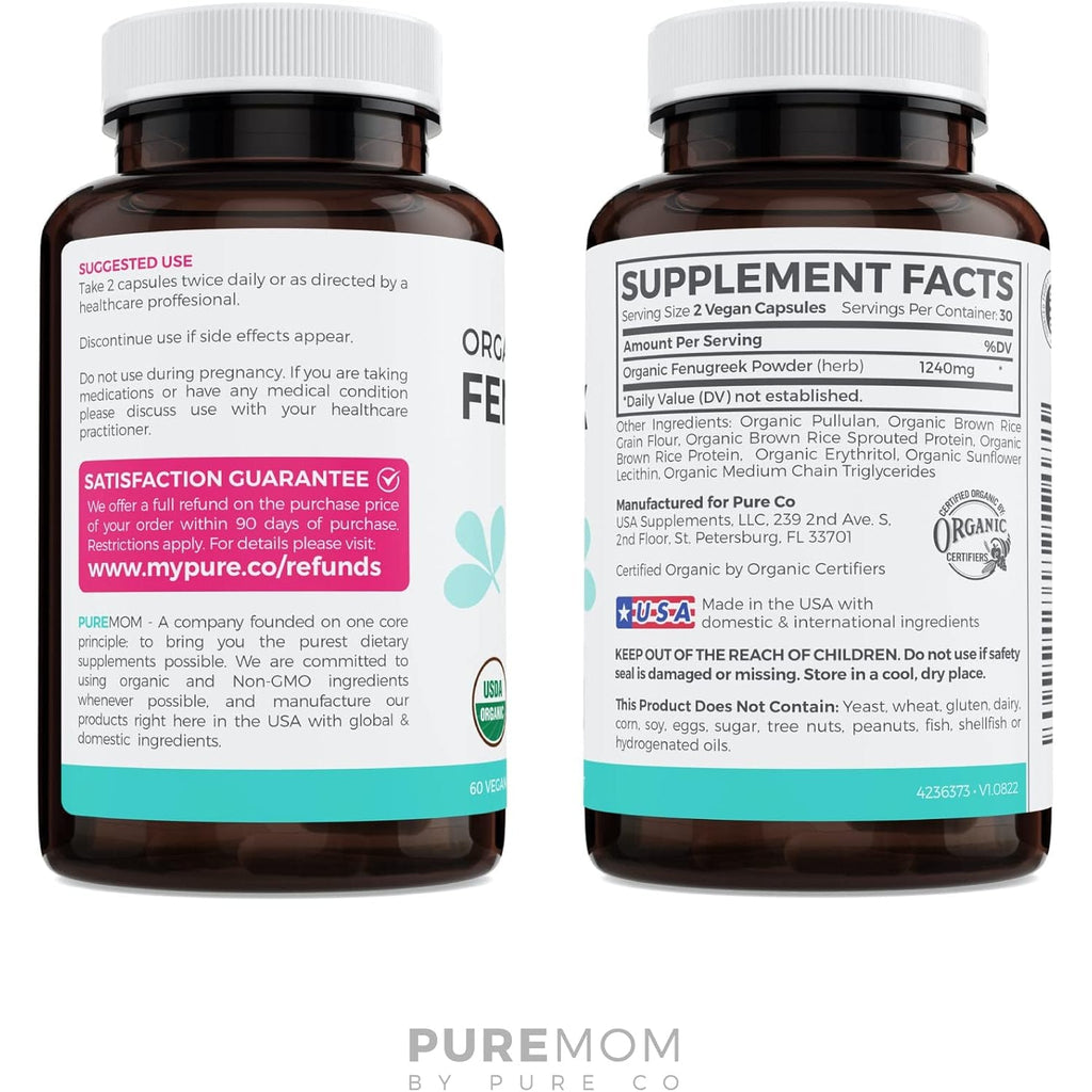 USDA Organic Fenugreek Capsules for Women - Effective Lactation Supplement for Increased Breast Milk Supply - Herbal Breastfeeding Support for Mothers - Gluten Free - 60 Vegan Capsules (No Pills)