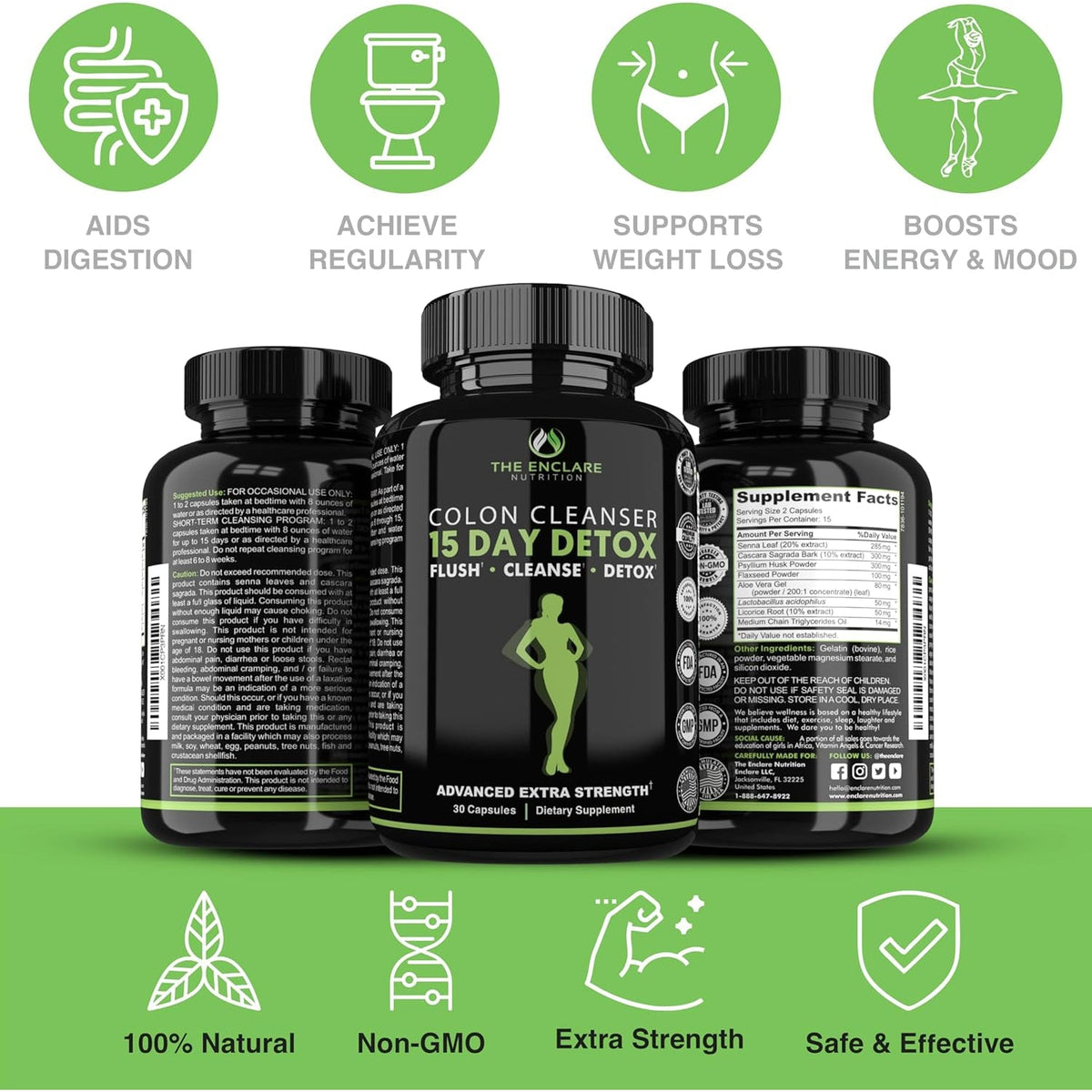 THE ENCLARE NUTRITION Colon Cleanse 15 Day Gut Cleanse Pills - Colon Cleanser for Women & Men - Psyllium Probiotic Laxatives for Constipation, Bloating Relief, Detox Cleanse Weight Loss Support (1)
