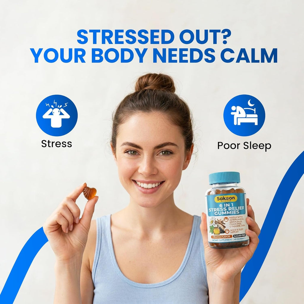 6-In-1 Stress Relief Gummies 60Ct - Aids Relaxation with Ashwagandha, GABA, L-Theanine, Lemon Balm, Chamomile, Black Cumin Seed Nigella Sativa. Improved Deep Sleep, Joint Support - 60 Gummies
