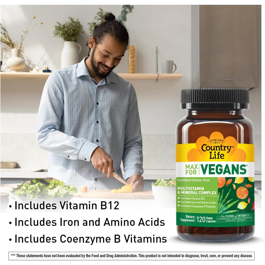 Country Life Max for Vegans - 120 Vegan Capsules - Daily Multivitamins - Immune Support Supplement - Contains Vitamin B12, Iron, Amino Acids, Coenzyme B Vitamins - Gluten-Free