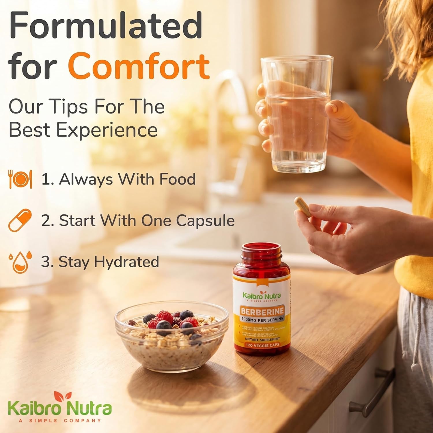 Kaibro Nutra Berberine HCL Supplement 1000Mg - for Immune System, Glucose Support, Circulatory & Gastrointestinal Health, Vegan & Gluten-Free (120 Capsules)