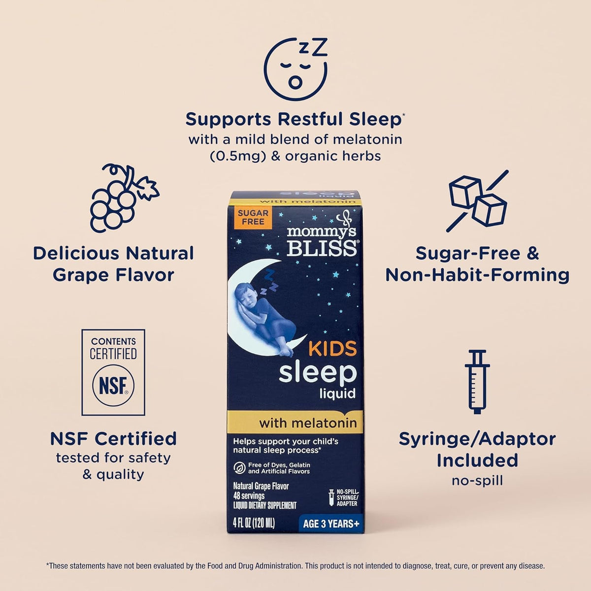 Mommy'S Bliss Kids Sleep Liquid with Melatonin & Calming Herbs | Melatonin for Children 3 Years & up | Grape Flavor | Sugar Free | 4 Fl Oz (60 Servings)