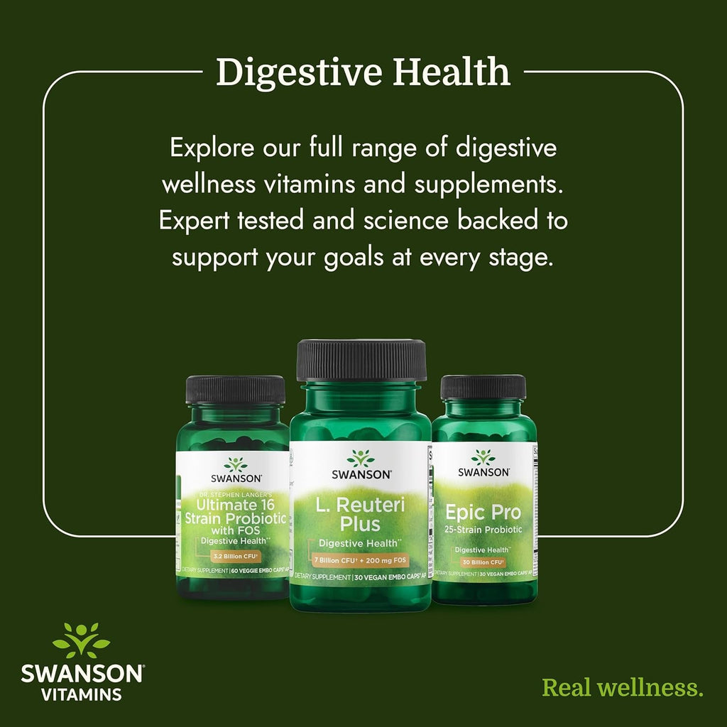 Swanson L. Reuteri Probiotic plus with L. Rhamnosus, L. Acidophilus & FOS Prebiotic for Gut-Health-Conscious Adults - 7 Billion CFU (30 Vegan Capsules)