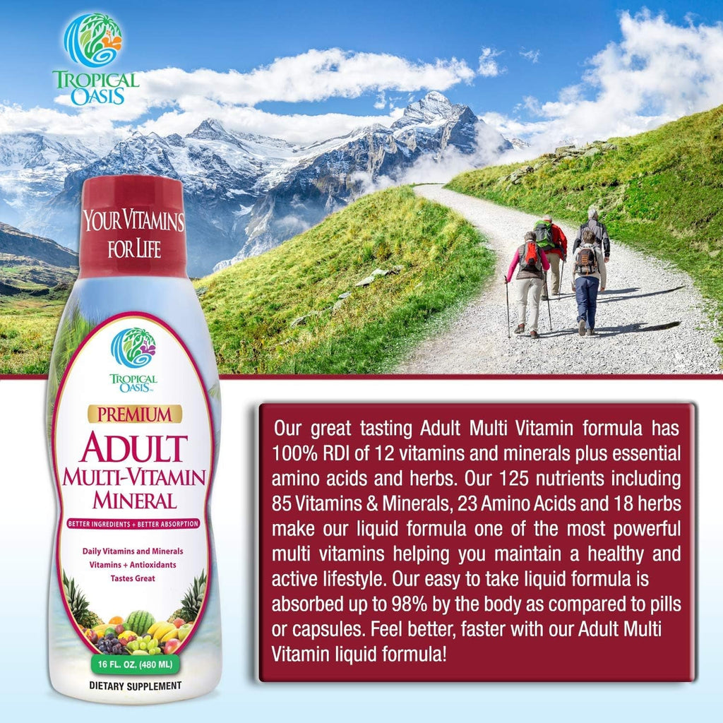 Tropical Oasis Adult Liquid Multivitamin -Liquid Multi-Vitamin and Mineral Supplement with 125 Total Nutrients Including; 85 Vitamins & Minerals, 23 Amino Acids, and 18 Herbs - 16 Fl Oz, 32 Serv