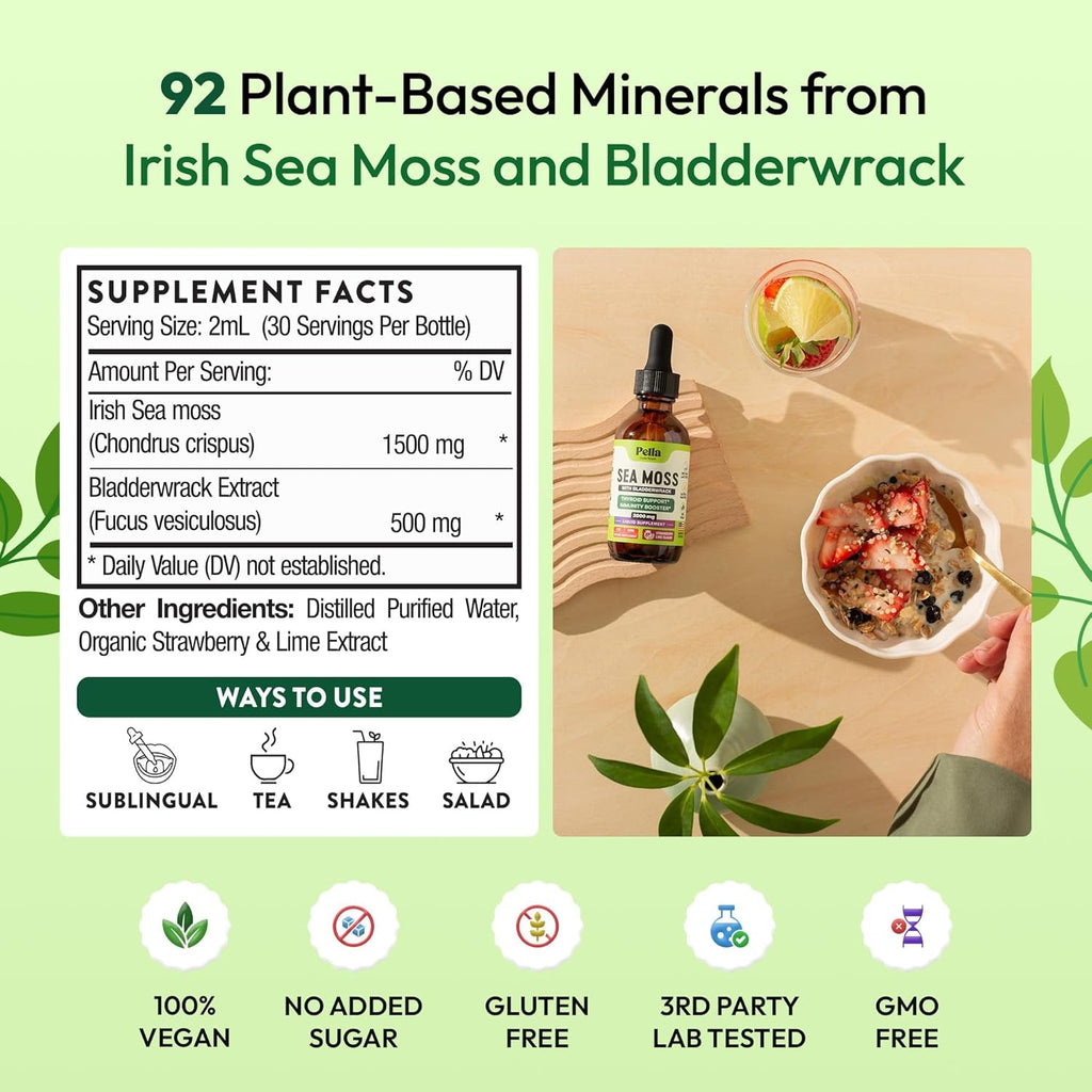 Pella Nutrition Sea Moss Drops with Bladderwrack – 4X Faster Absorption than Irish Sea Moss Gel Superfood, Gummies, and Capsules – Digestive & Immune Support Supplement (Strawberry Lime, 60Ml)