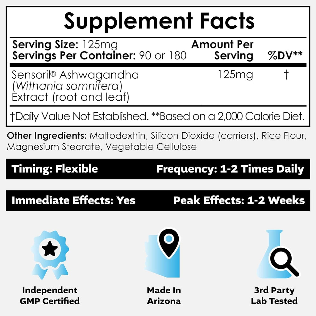 Nootropics Depot Sensoril Ashwagandha Capsules | 125Mg | 180 Ct. | Ayurveda Supplement | Standardized Withania Somnifera Extract | to Support Healthy Energy, Mental Cognition + Cardiovascular Health
