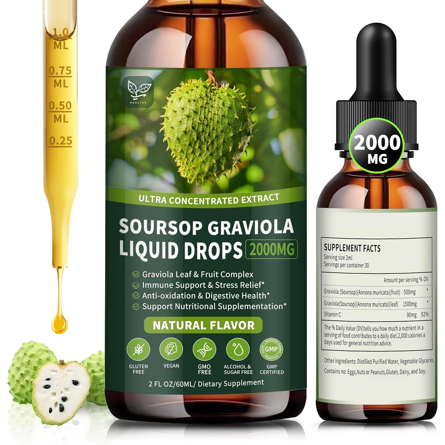 Soursop Graviola Liquid Drops 2000Mg, Organic Soursop Extract - 98% Absorption Soursop Bitters Liquid for Cell Support & Regeneration and Immune Boost, Sugar/Gluten Free, Natural Flavor, 2 Fl Oz