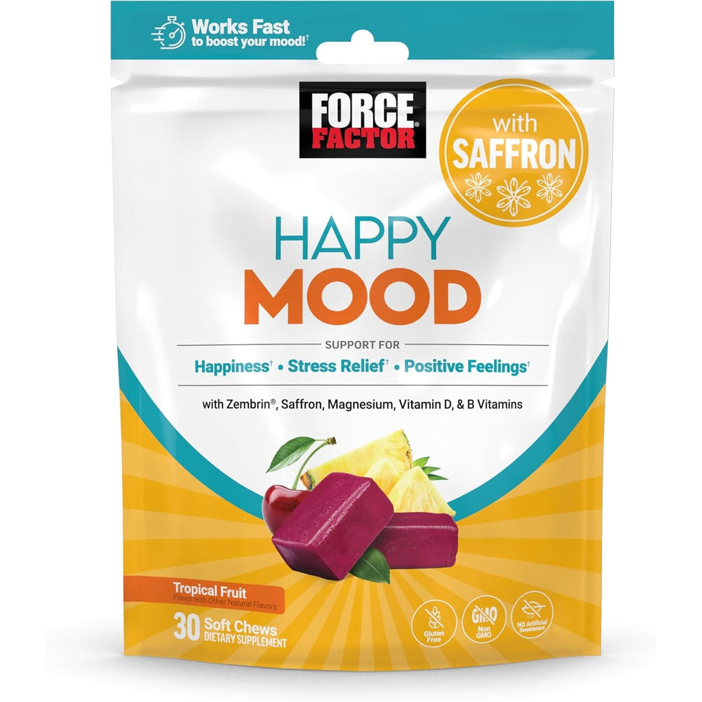 Force Factor Happy Mood, Mood Support and Balance Supplement to Support Happiness, Positivity, and Stress, Made with Magnesium, Saffron, Zembrin, Non-Gmo, Tropical Fruit Flavor, 30 Soft Chews