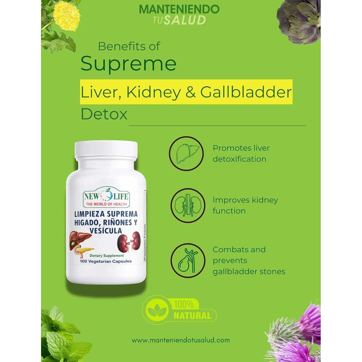 New Life Limpieza Suprema Hígado Riñones Y Vesicula, Healthy Liver Supplement, Dandelion Root, Milk Thistle Extract, 100 Capsules