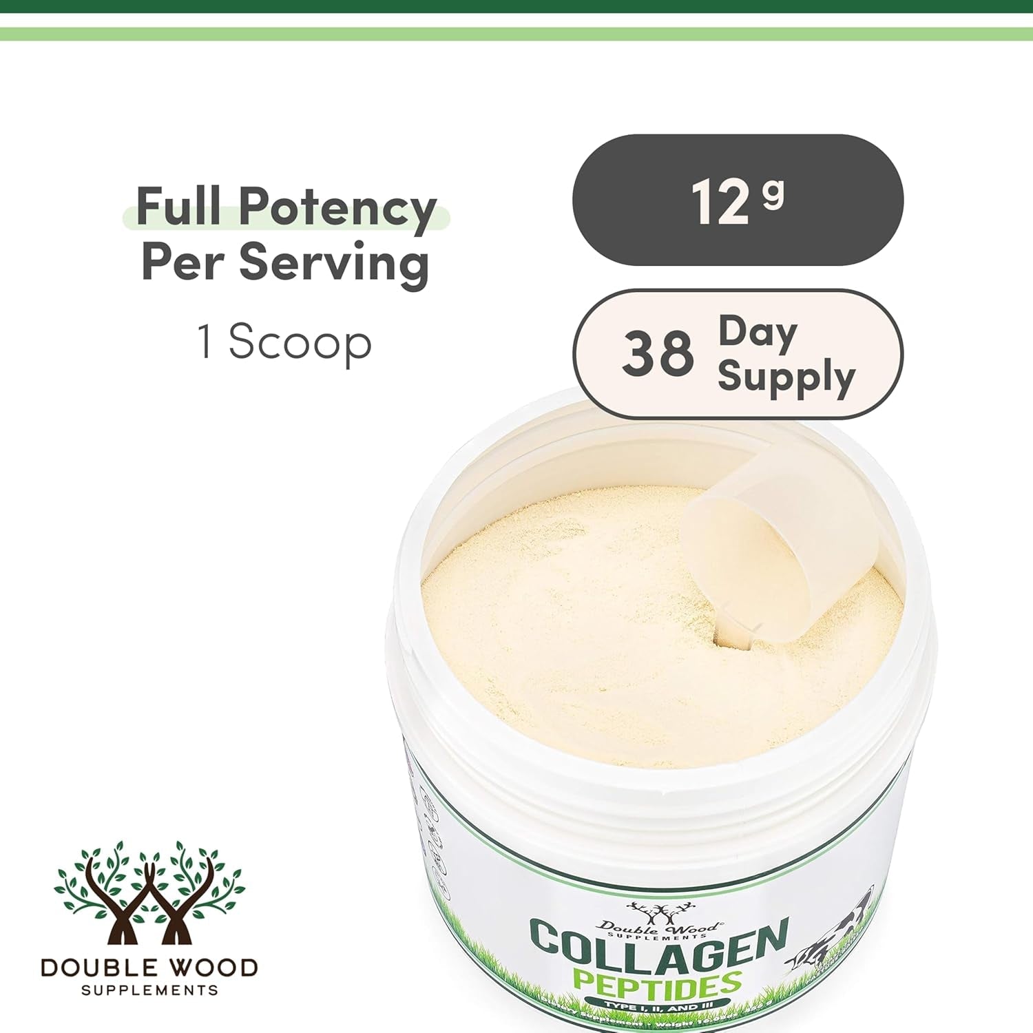 Collagen Peptides Powder - Hydrolyzed Collagen, Keto Safe - 16.08Oz - Multi Type 1, 2, and 3 (Grass Fed Bovine Source)(Colageno Hidrolizado) Collagen Supplements for Women and Men by Double Wood