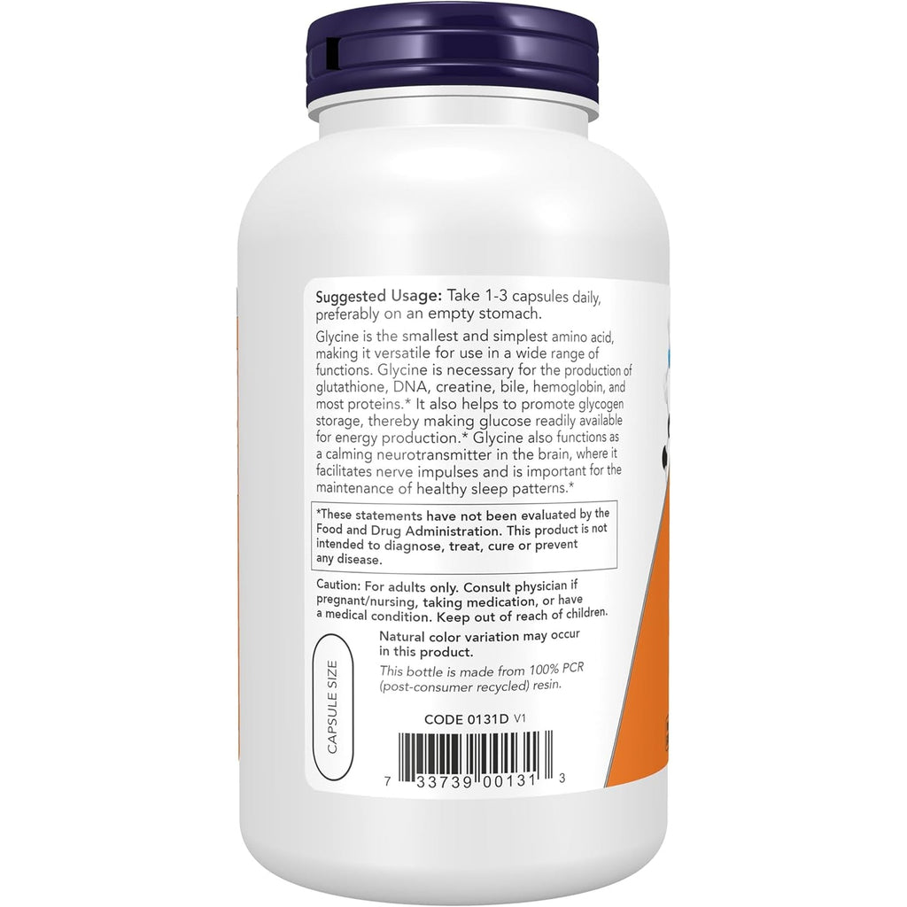 Now Supplements, Glycine 1,000 Mg Free-Form, Neurotransmitter Support*, 250 Veg Capsules