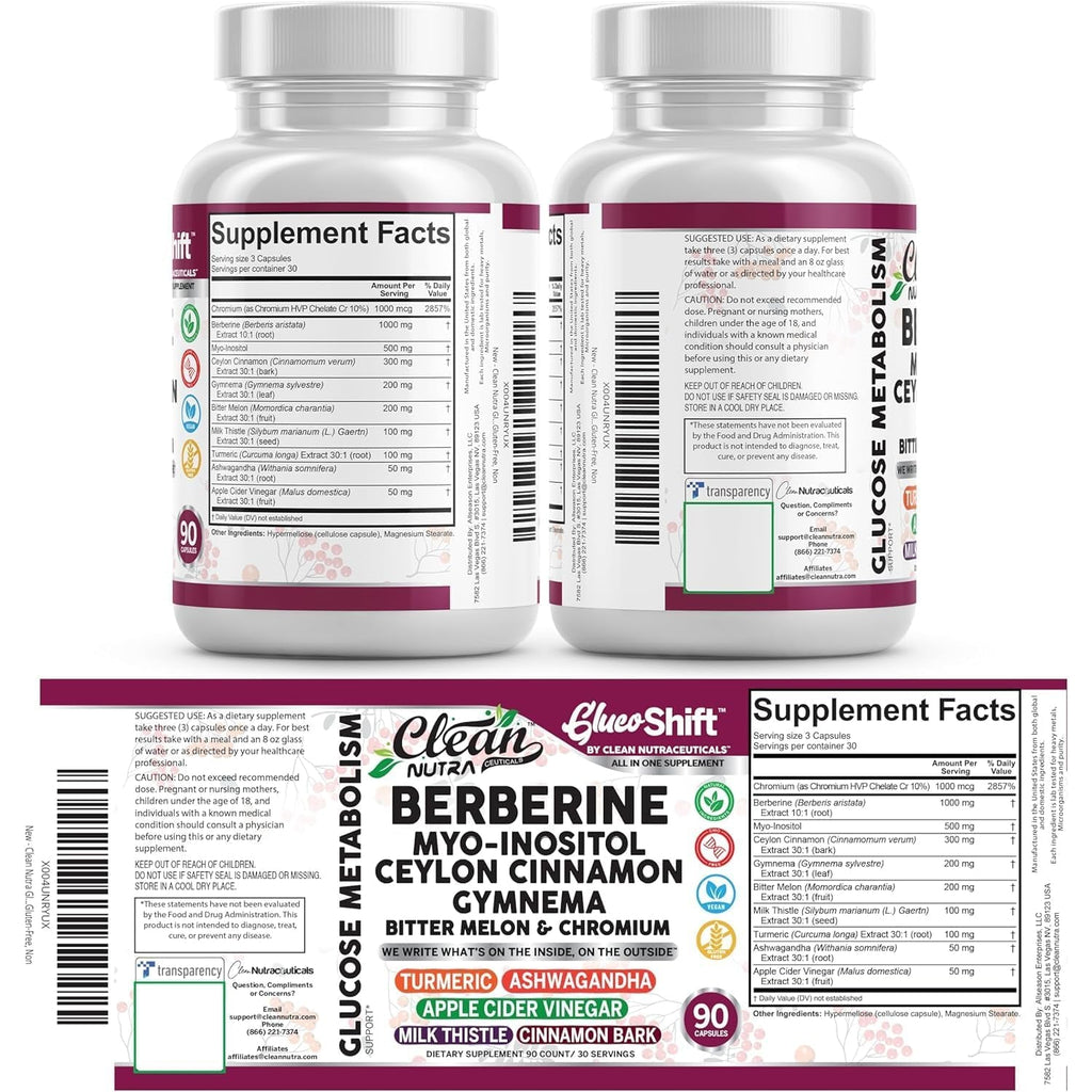 Clean Nutra Berberine Supplement Myo-Inositol Ceylon Cinnamon Gymnema Bitter Melon Chromium Complex for Digestion, Antioxidant Support & Wellness 90 Vegan Capsules Non-Gmo