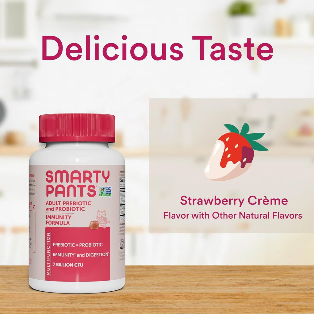 Smartypants Adult Probiotic & Prebiotic Gummies for Digestive Health: Gut Health Supplement, Clinically Studied Prebiotic for Immune Support, Strawberry, 60 Count (30 Day Supply)