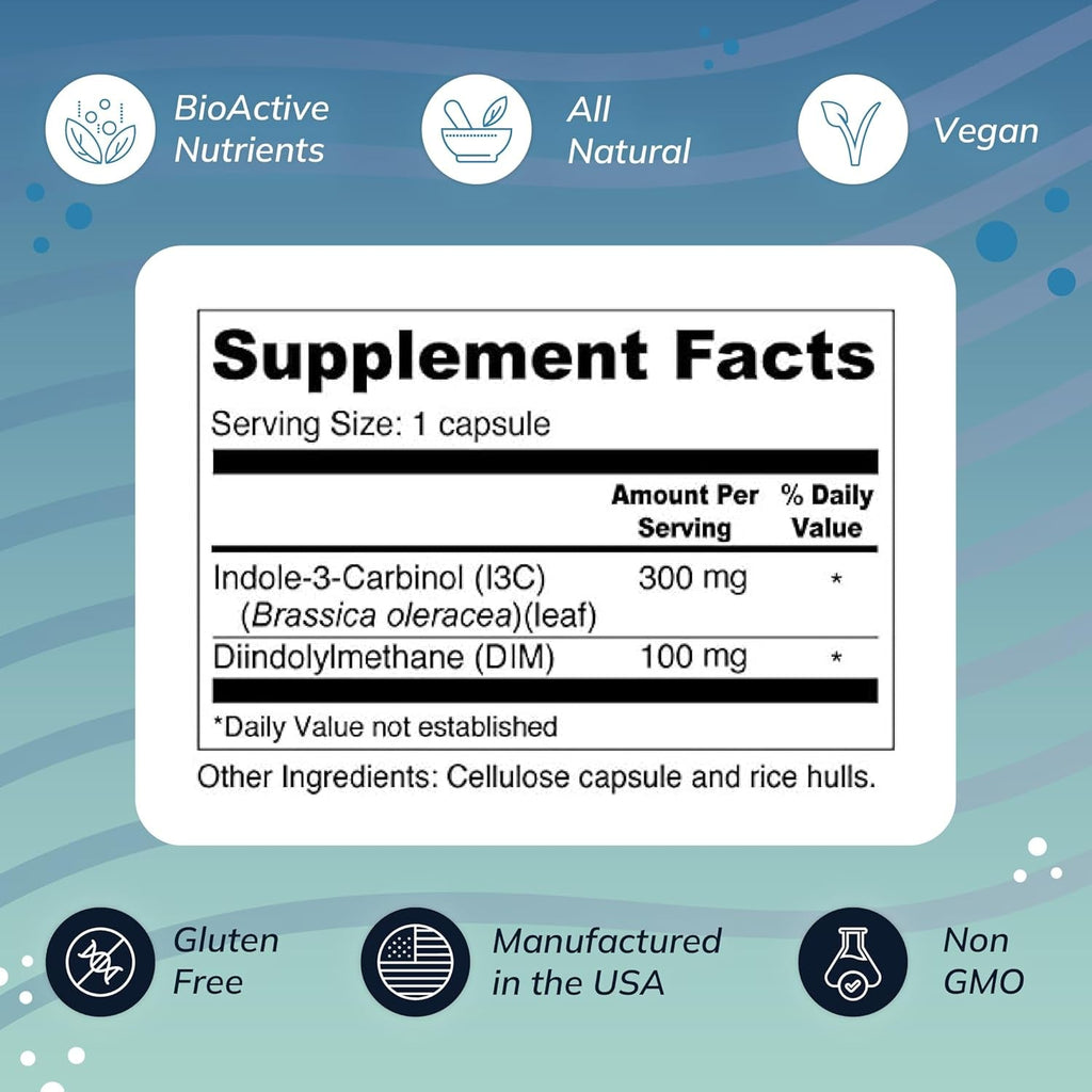 Wellness Resources I3C + DIM for Healthy Estrogen Metabolism, Detoxification (60 Capsules) - 300Mg I3C + 100Mg DIM - Vegan, Gluten-Free